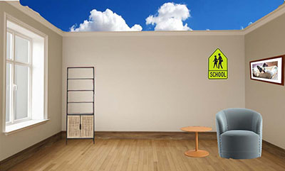 Image of room with no roof and a chair table and shlf aswell as a school roadsign and a picture on the wall